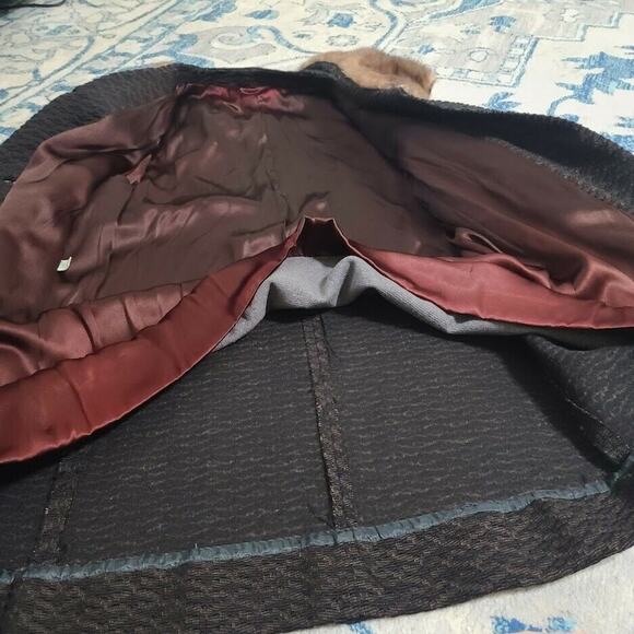 VTG Coat Len Artel Mink Fur Trim ILGWU 3/4 Sleeve MCM Jacket Gray Brown - Picture 7 of 10